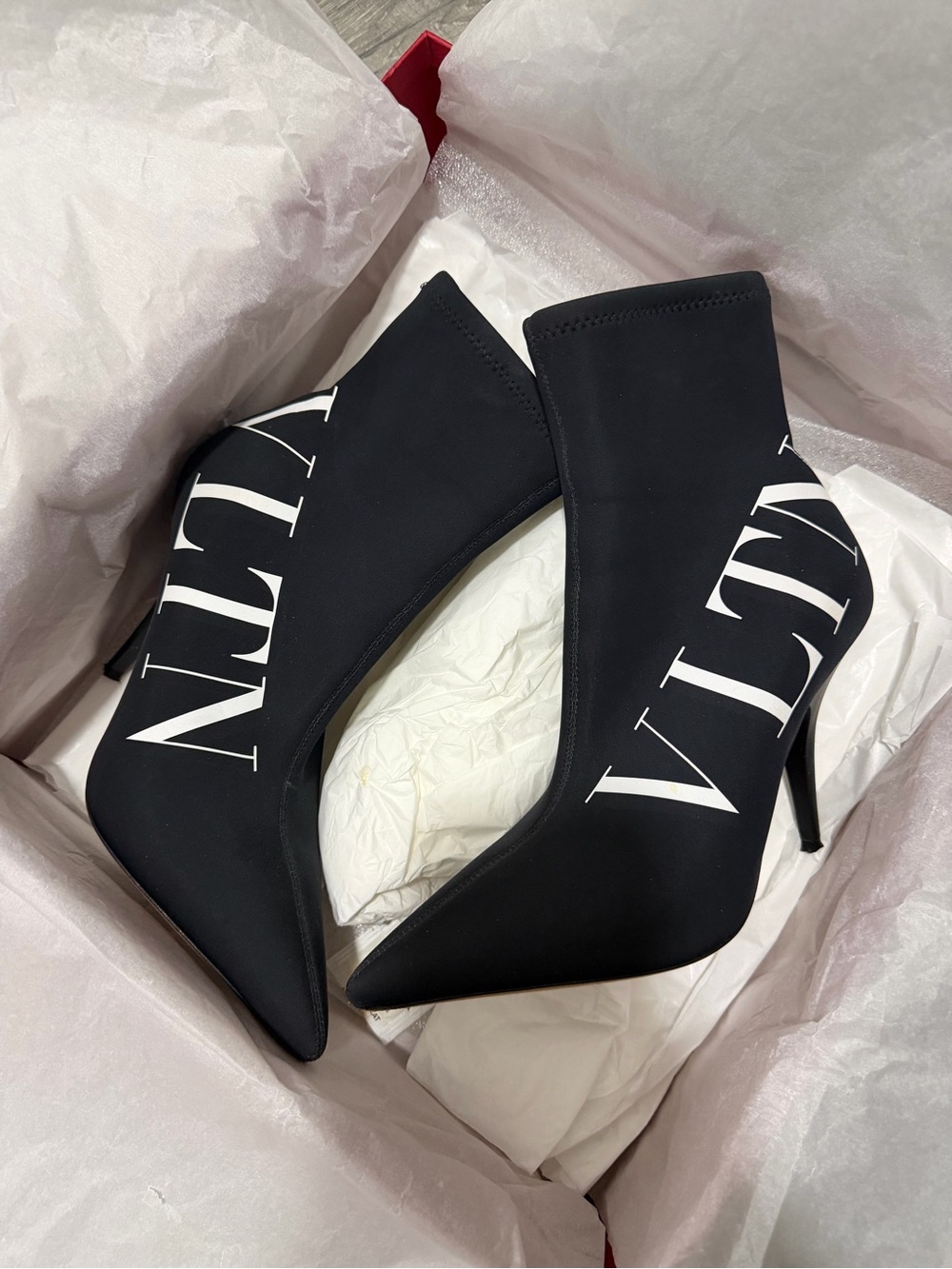 Valentino Garavani Black VLTN Stretch-Knit Pointed Ankle Boots